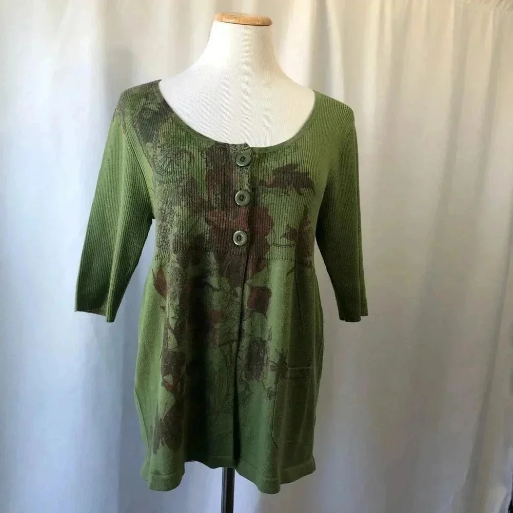 One World Tunic Sweater Women Lg Green Floral Butterfly Ribbed Knit 3/4 Sleeve